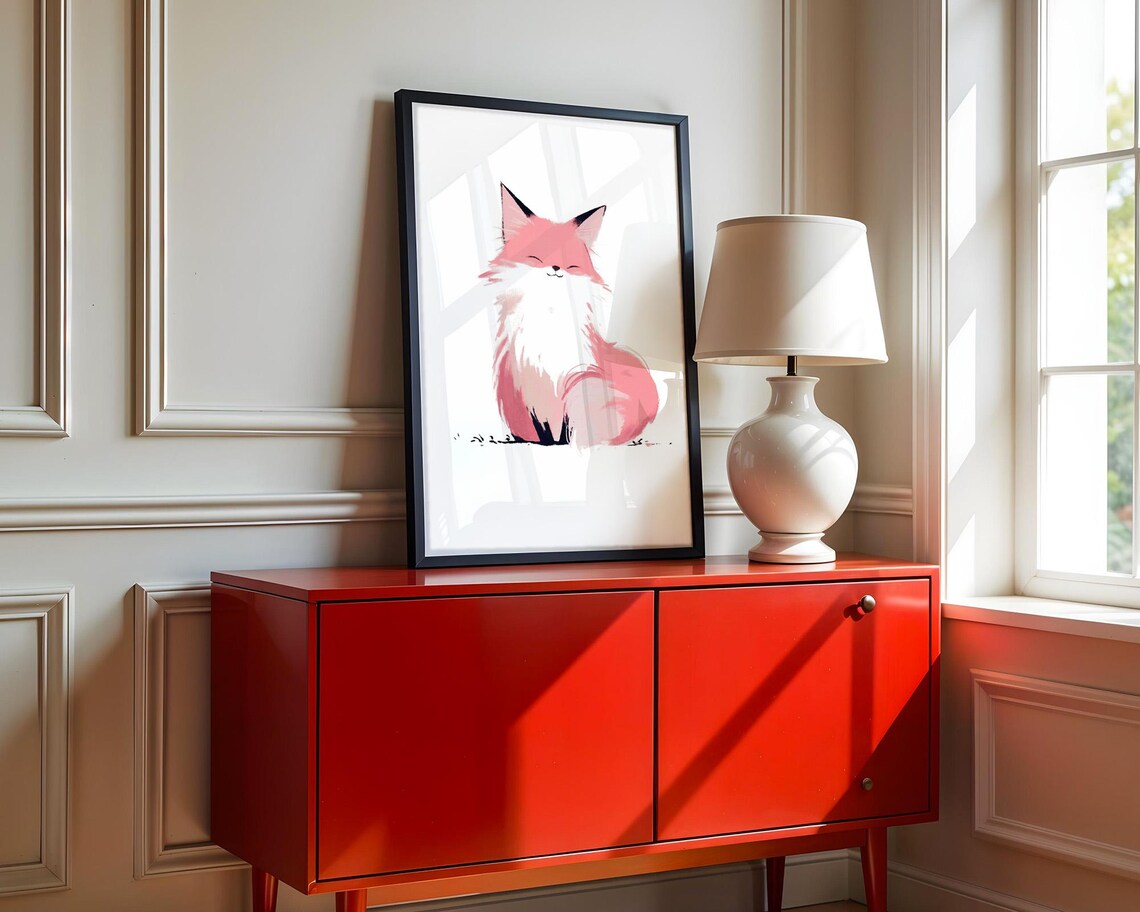 Cute Smiling Pink Fox Poster with Soft Watercolor Minimalist Art - Image 3