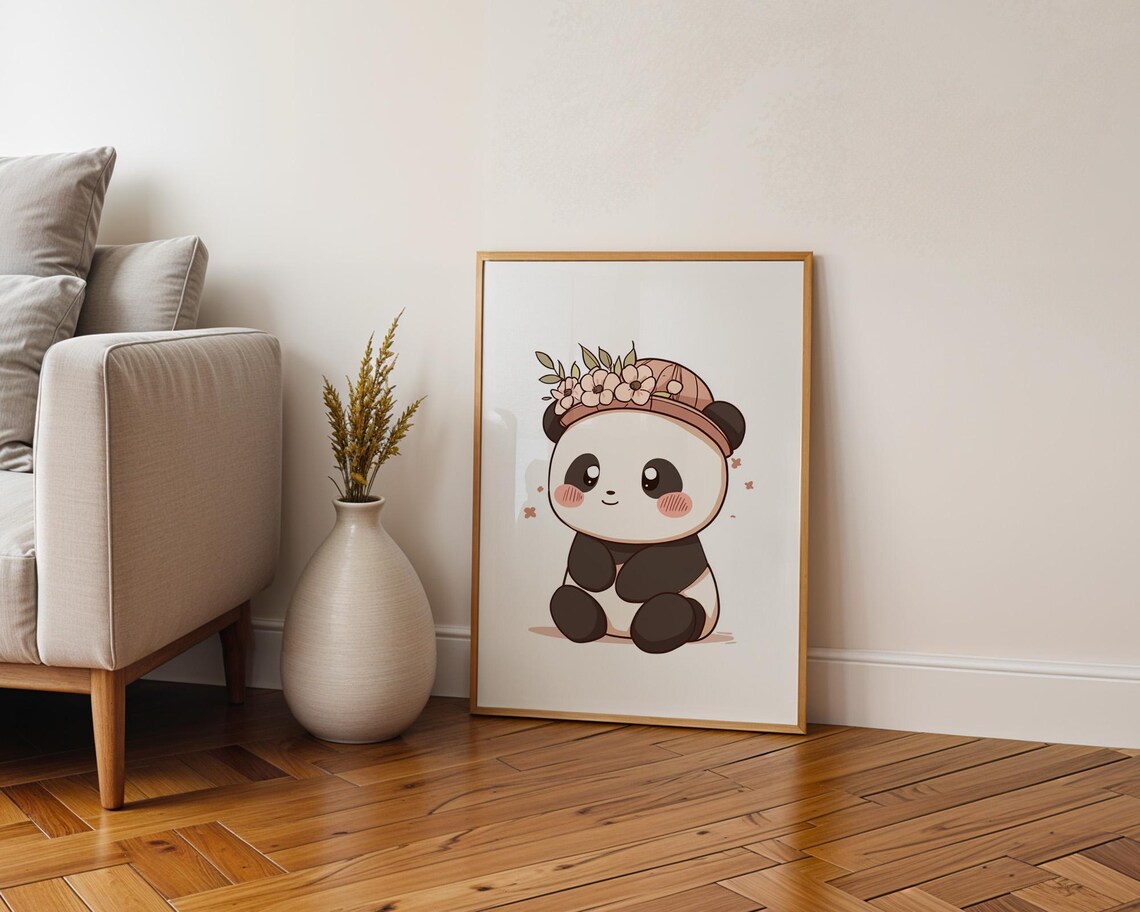 Cute Panda in Floral Hat Kawaii Animal Poster for Kids Room Wall Decor - Image 5