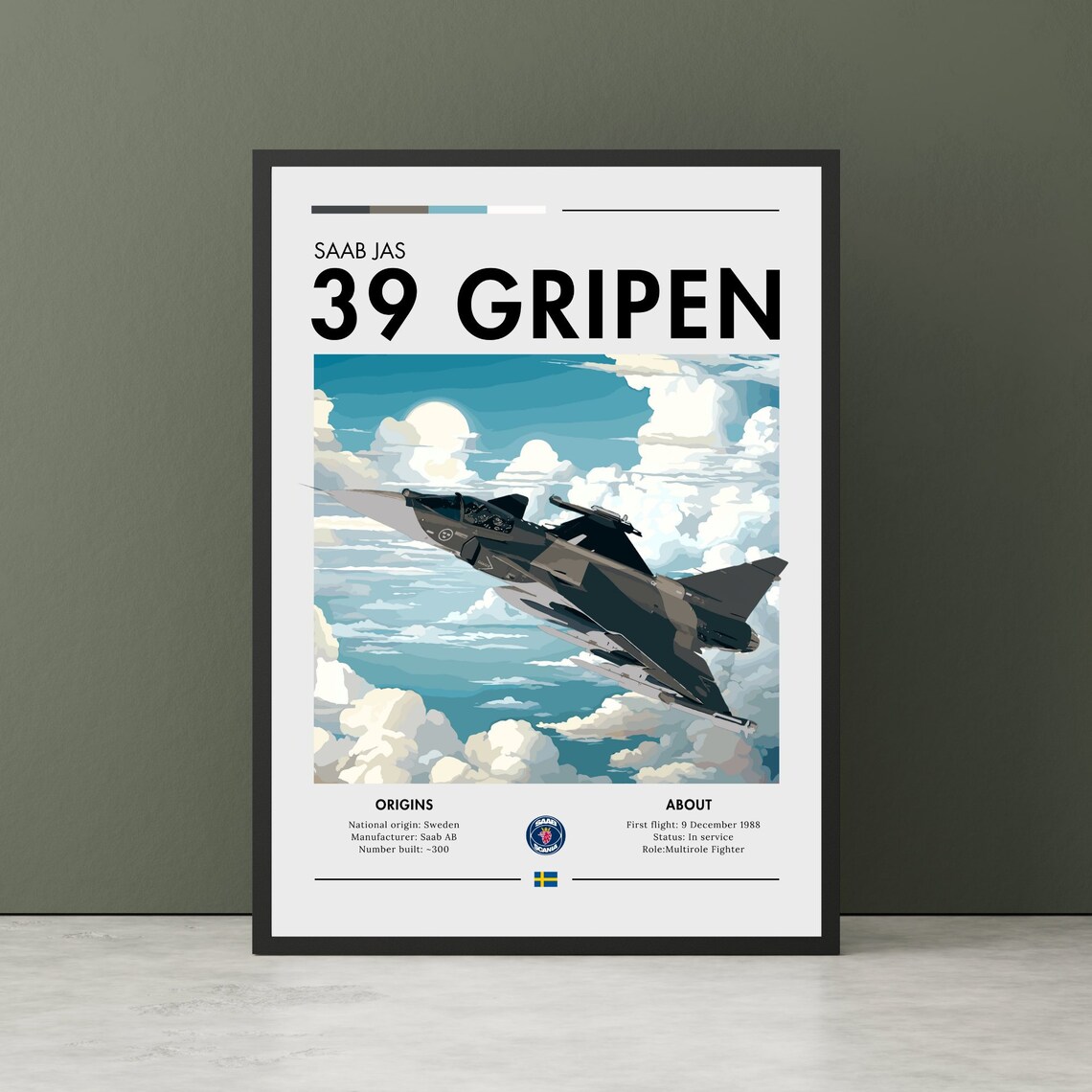 Saab JAS 39 Gripen Swedish Fighter Jet Specs and Facts Poster