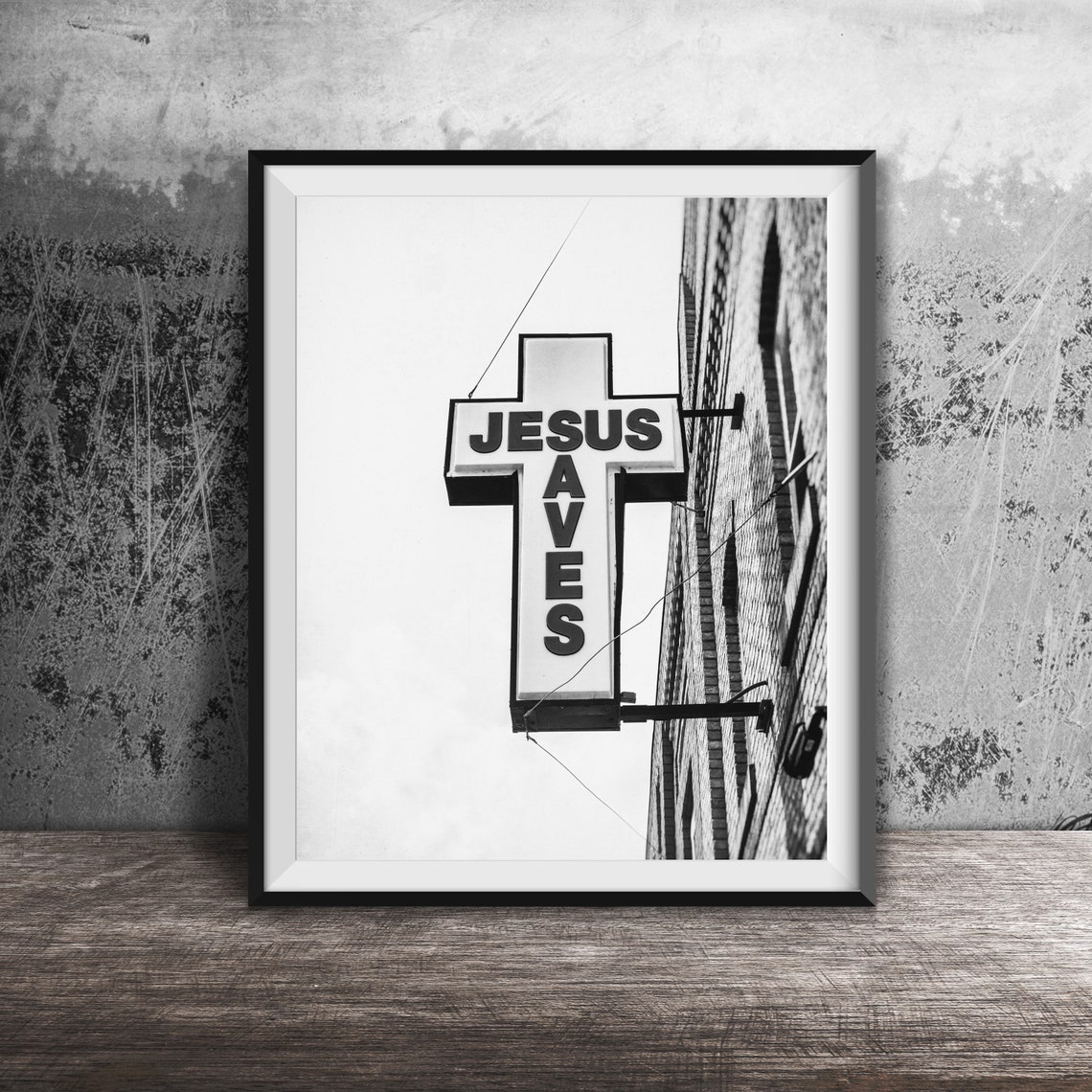 Jesus Saves Cross Shaped Sign on Brick Building Photography Poster - Image 2