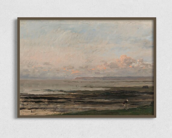 Peach Sunset Coastal Seascape Vintage Oil Painting Wall Art Print