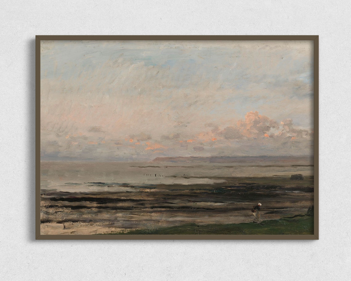 Peach Sunset Coastal Seascape Vintage Oil Painting Wall Art Print