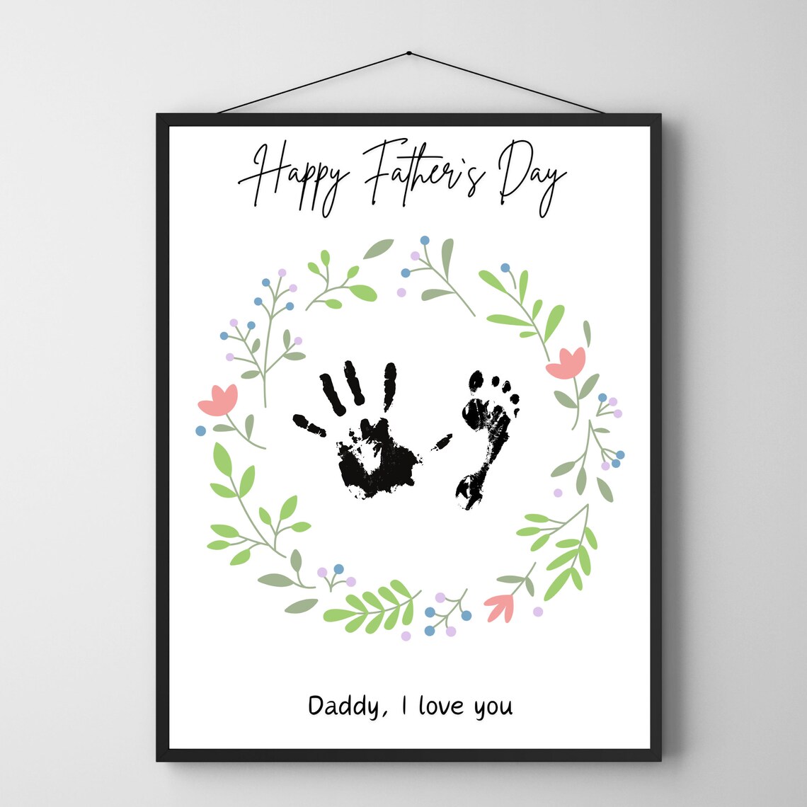 Happy Fathers Day Floral Wreath Handprints Art Print Daddy Love Gift - Image 2