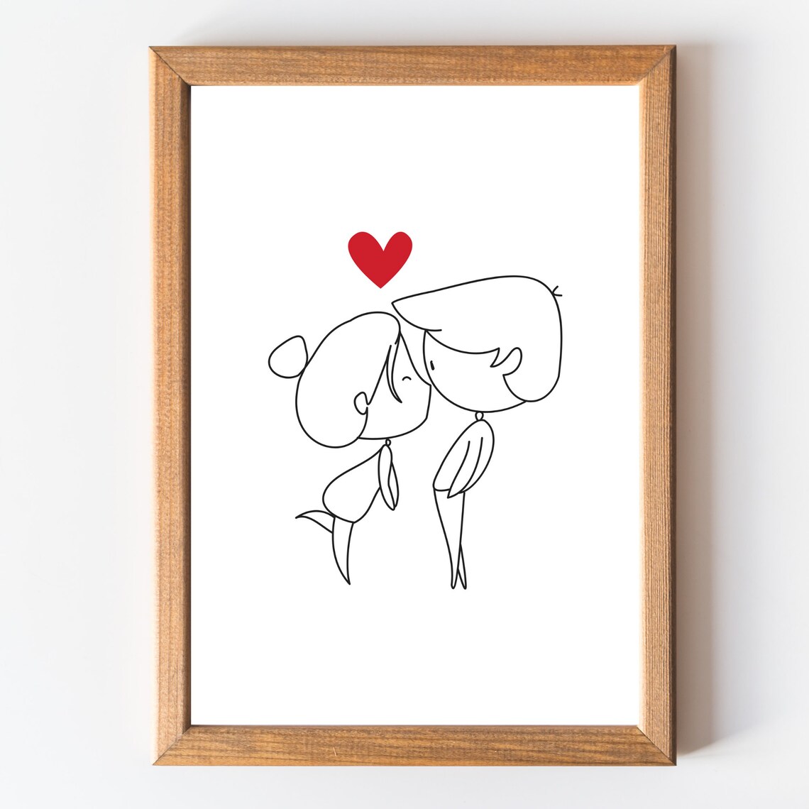 Couple Kissing Line Art Print Red Heart Romantic Love Wall Decor Gift