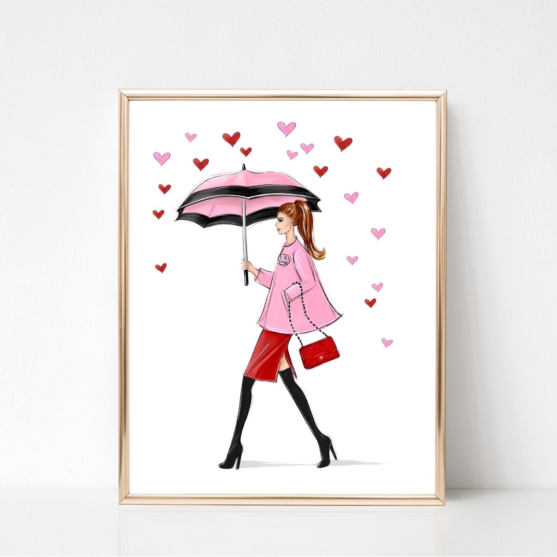 Pink Umbrella Girl with Hearts Valentine Fashion Illustration Poster - Image 4