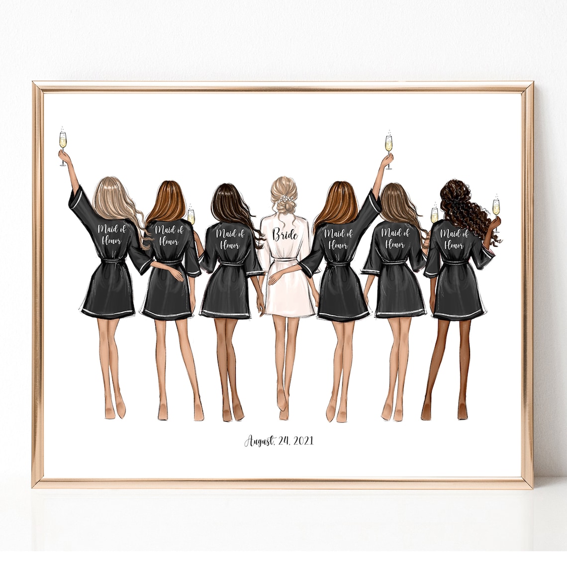 Bride and Six Maids of Honor Black Robes Champagne Illustration Poster