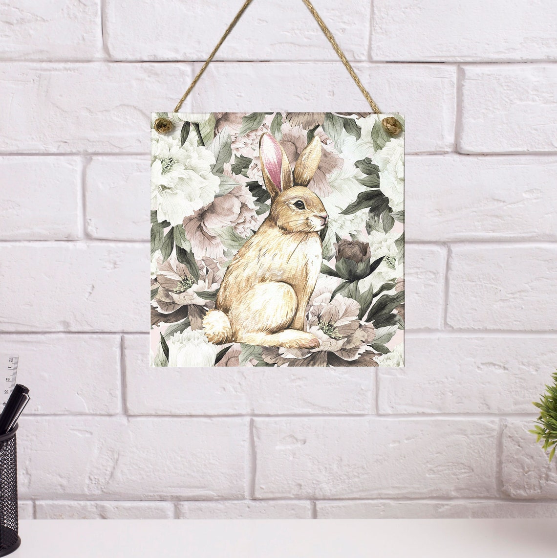 Watercolor Bunny Rabbit with Peonies Botanical Easter Poster - Image 2