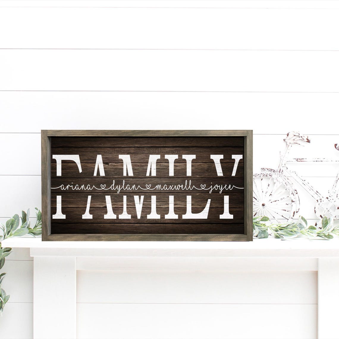 Personalized Rustic Family Names Brown Wood Framed Wall Sign Poster