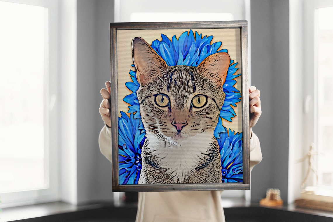 Custom Oil Effect Cat Portrait with Blue Flowers Pet Art Poster
