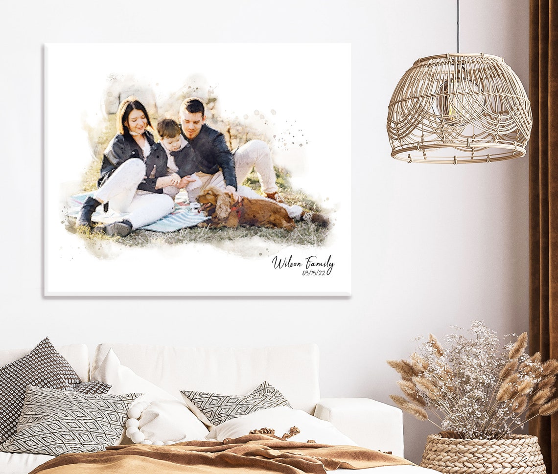 Watercolor Family Portrait Your Photo On Abstract Art Mothers Day Gift Gift For Mom Living Room Wall Hanging Apartment Decor - Image 3