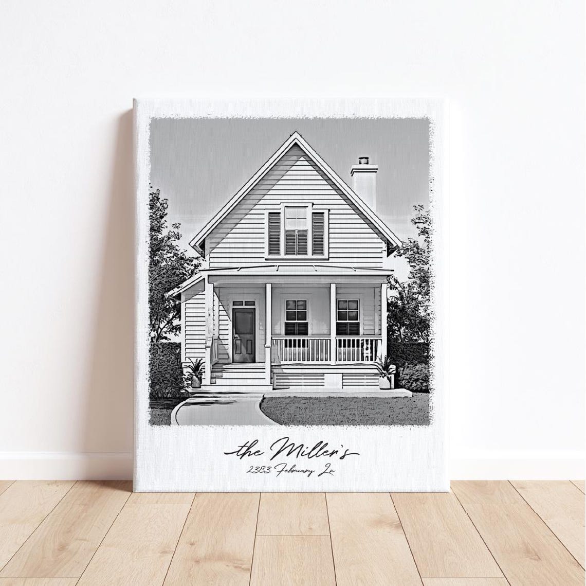 Custom Black And White Pencil Sketch House Portrait First Home Poster - Image 3