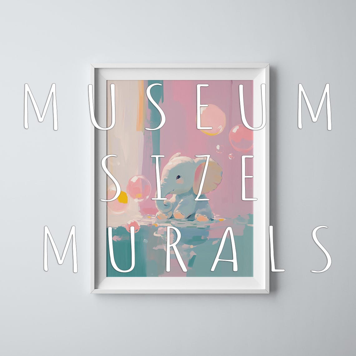 Baby Elephant Playing in Water with Pastel Bubbles Nursery Art Poster - Image 3