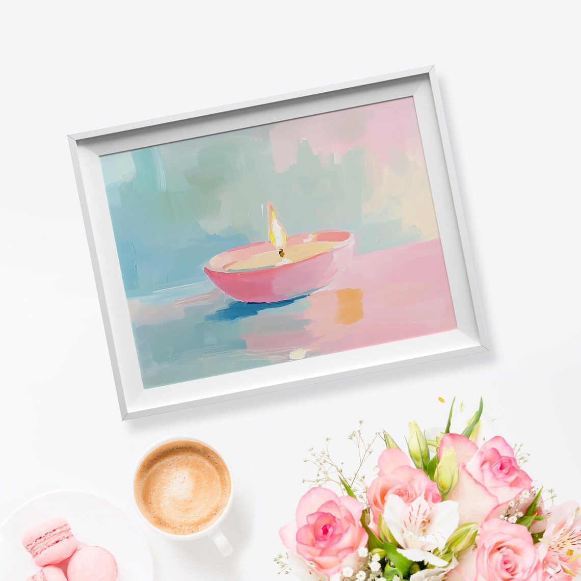 Lit Pink Candle Bowl Soft Flame Calming Minimalist Art Poster - Image 5