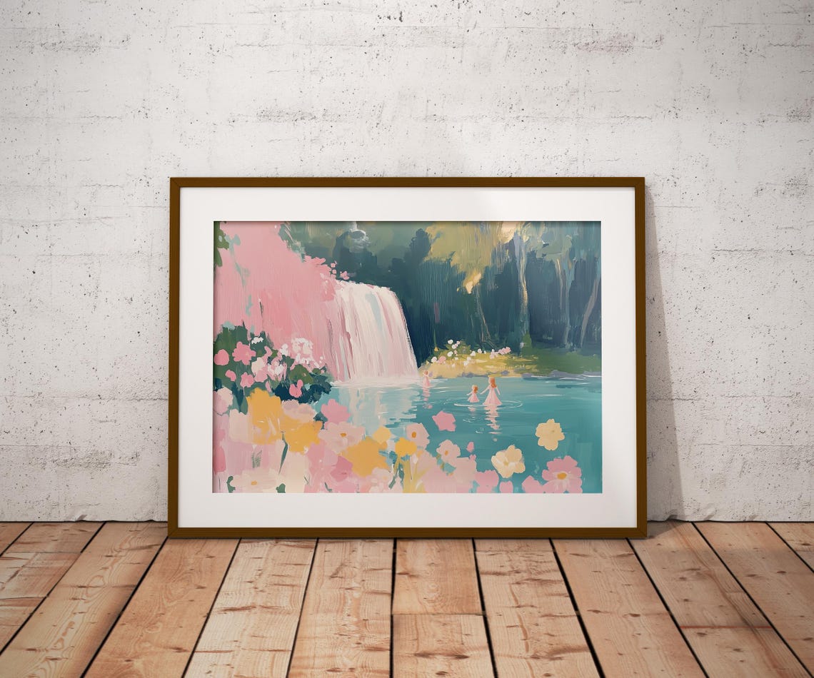 Pink Waterfall Teal Pond Wildflower Fantasy Forest Art Poster - Image 2