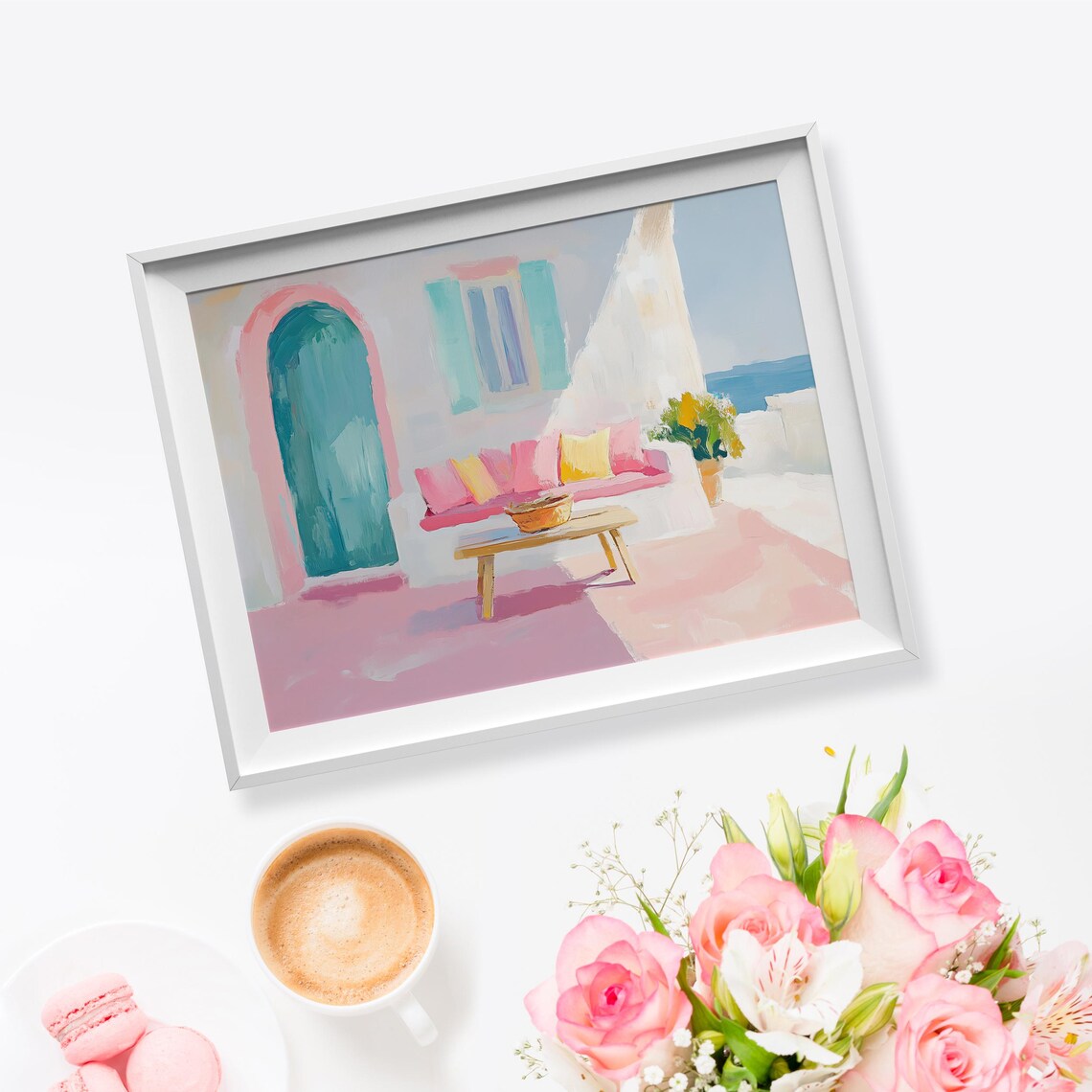 Mediterranean Terrace With Teal Arched Door Pastel Sea View Painting Poster - Image 5