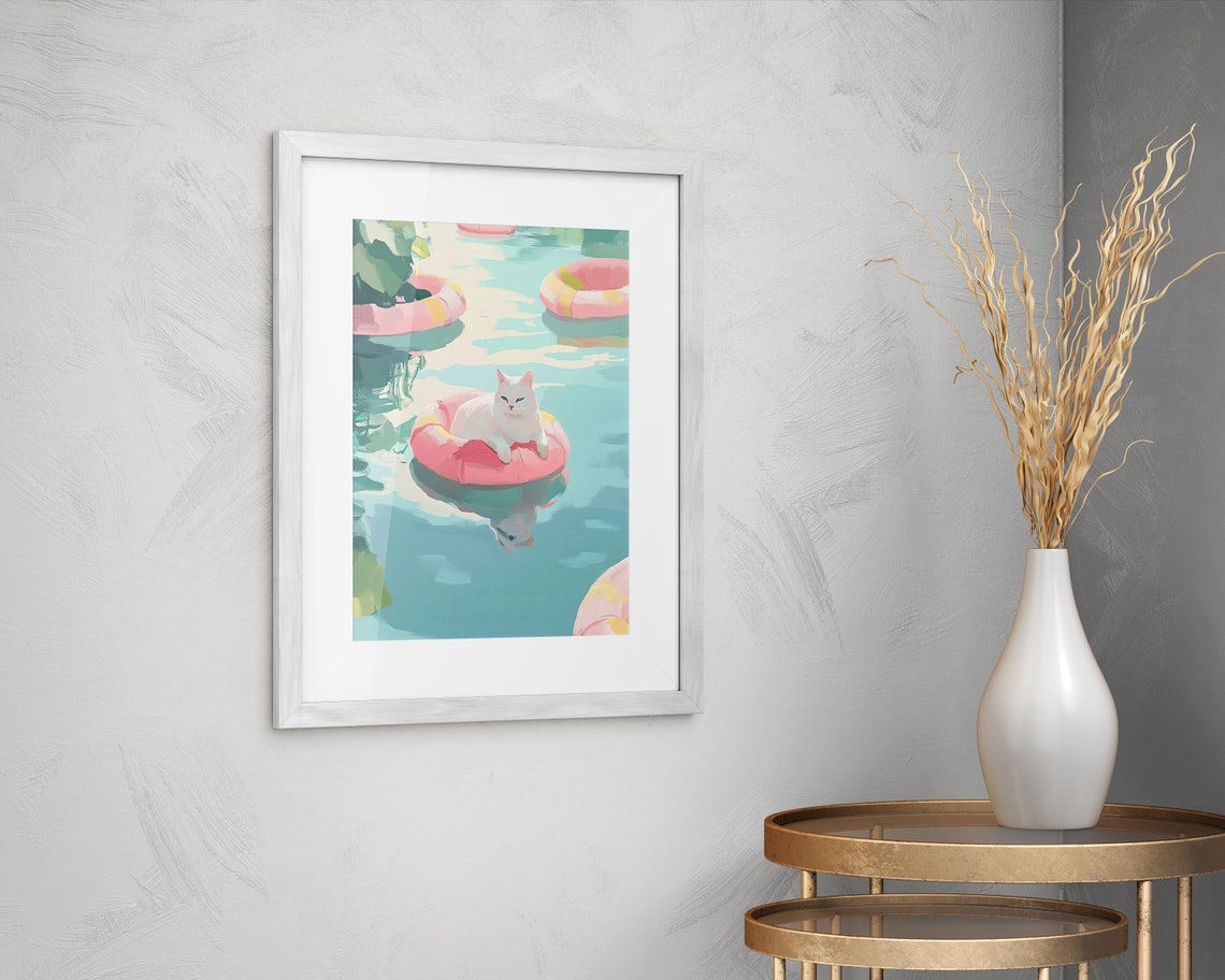 Funny Lazy White Cat on Pink Float Turquoise Summer Pool Poster - Image 2