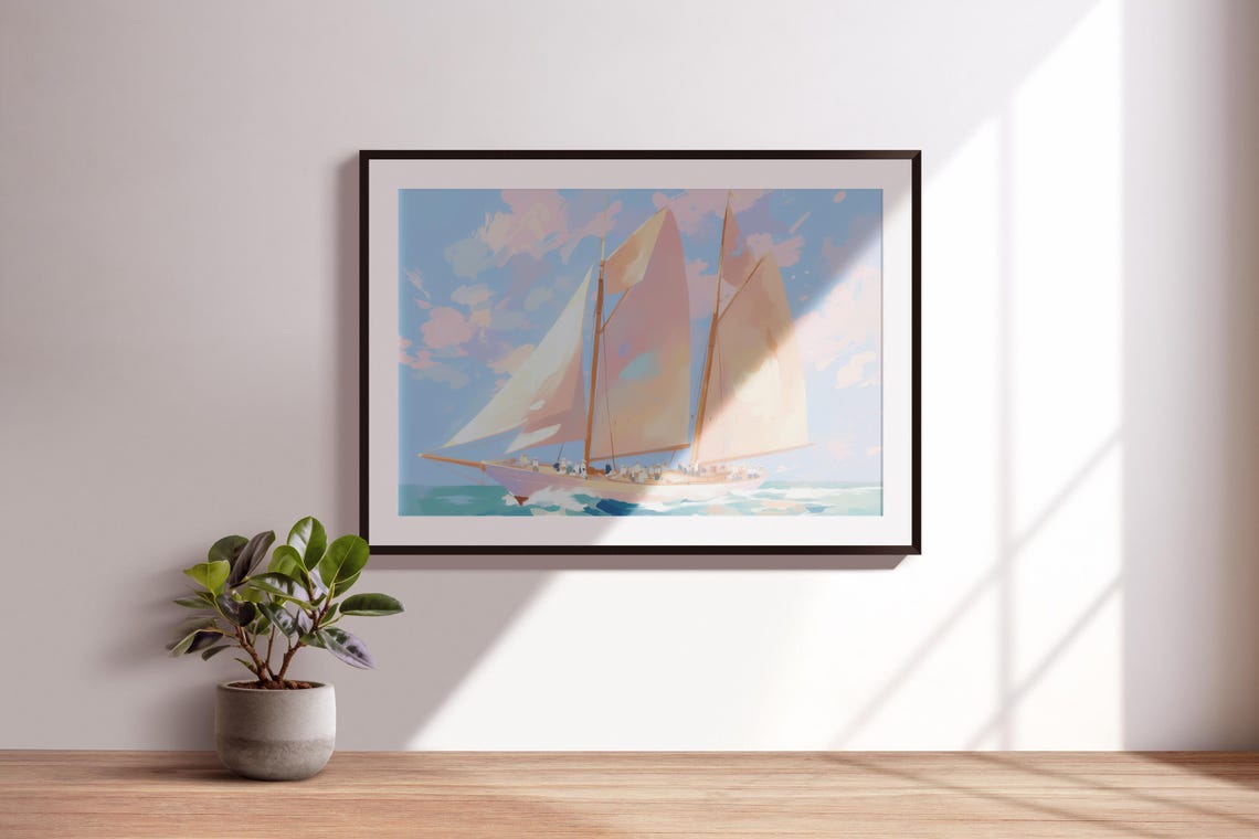 Classic Sailboat Full White Sails Turquoise Sea Nautical Art Poster - Image 3