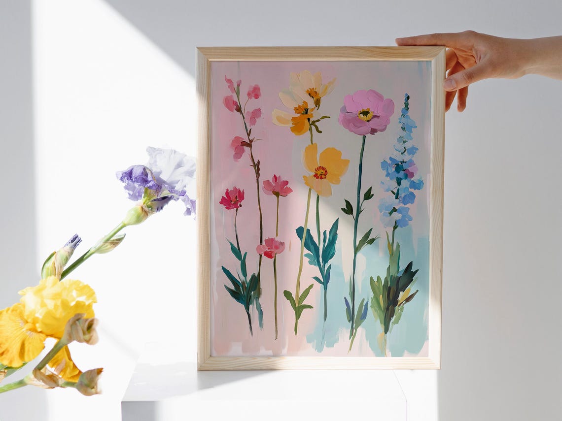 Pastel Wildflowers Pink Yellow Blue Blossoms Spring Floral Art Poster - Image 2