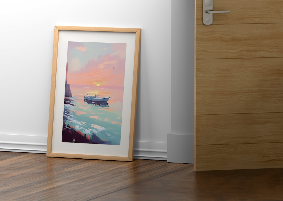 Small Blue Boat At Pink Sunset Calm Ocean Pastel Seascape Print - Image 4