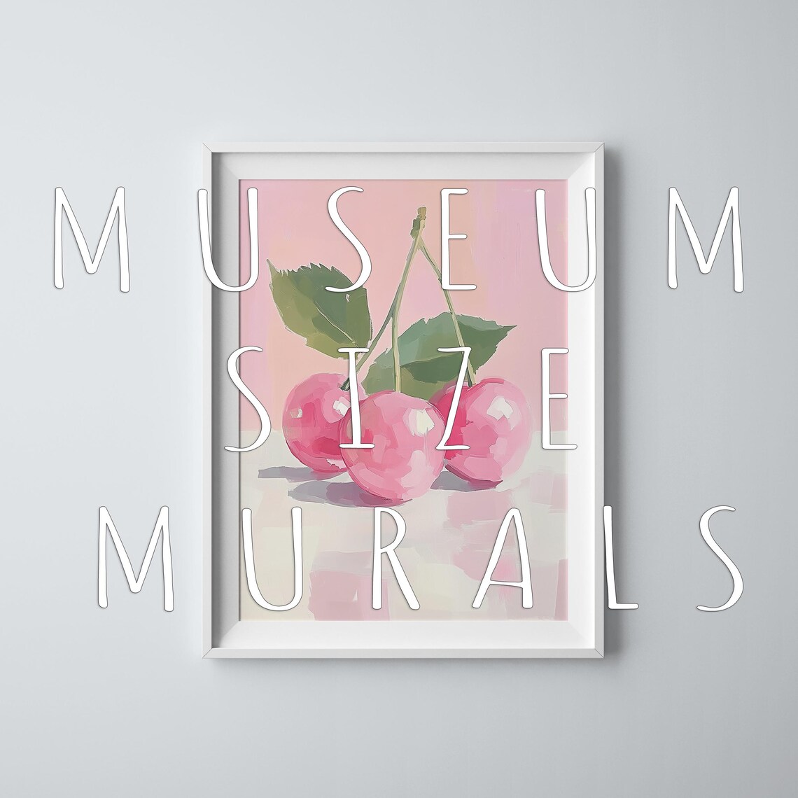 Three Pink Cherries With Green Leaves Pastel Watercolor Fruit Poster - Image 3