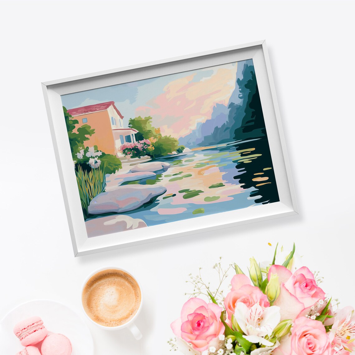 Lakeside House With Lily Pads Stepping Stones Peaceful Art Poster - Image 5
