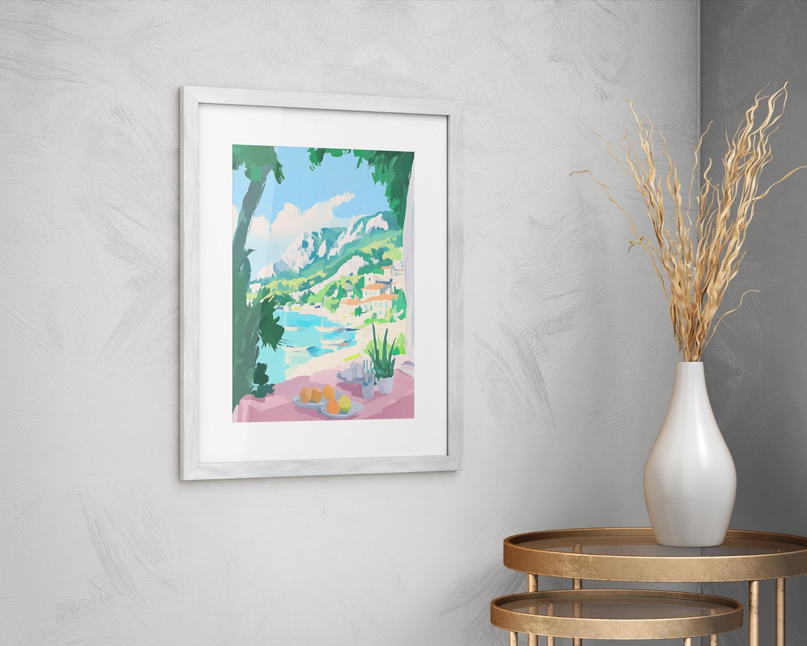 Terrace Table Fruit Plate Coastal Town View Summer Wall Art Print - Image 2
