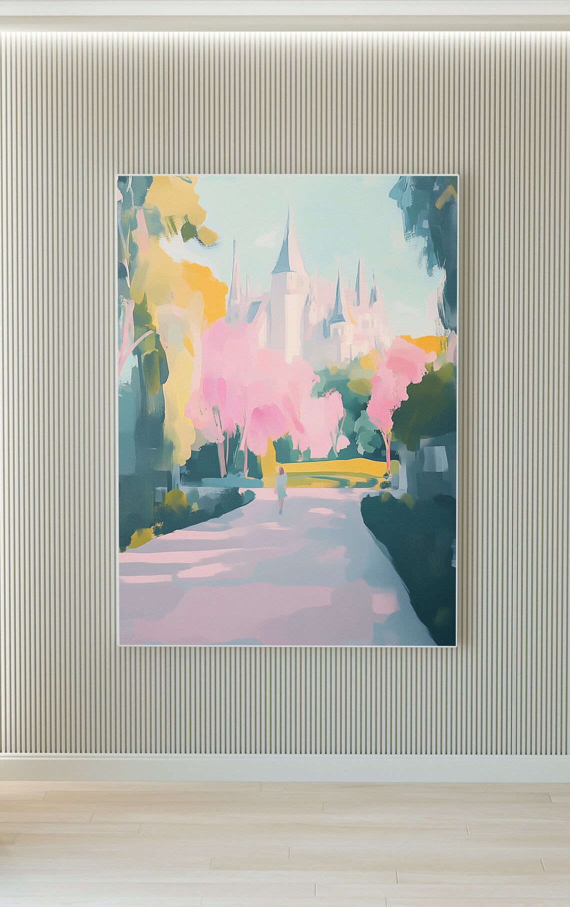 Pink Cherry Blossom Trees Framing Gothic Cathedral Panoramic Art Poster - Image 4
