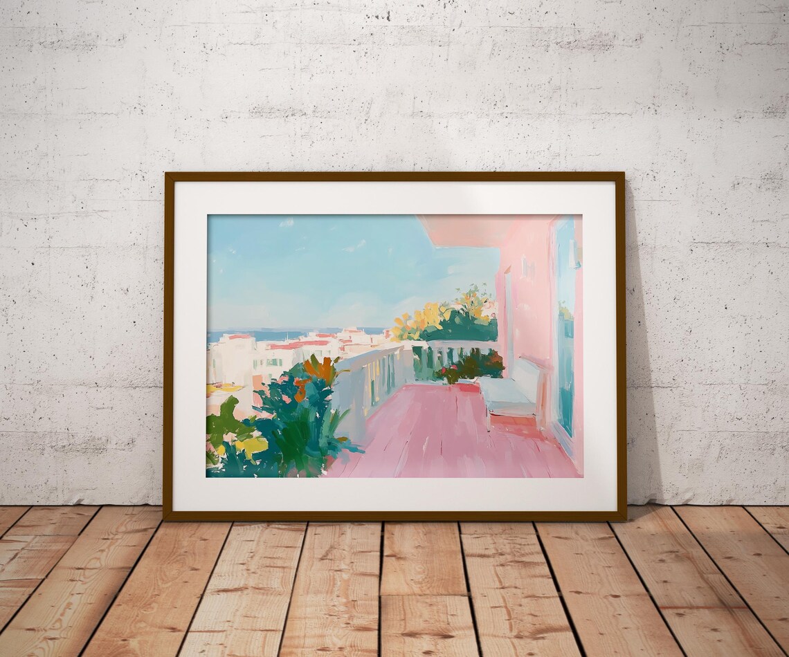 Mediterranean Balcony Sea View Pastel Coastal Cityscape Travel Poster - Image 5