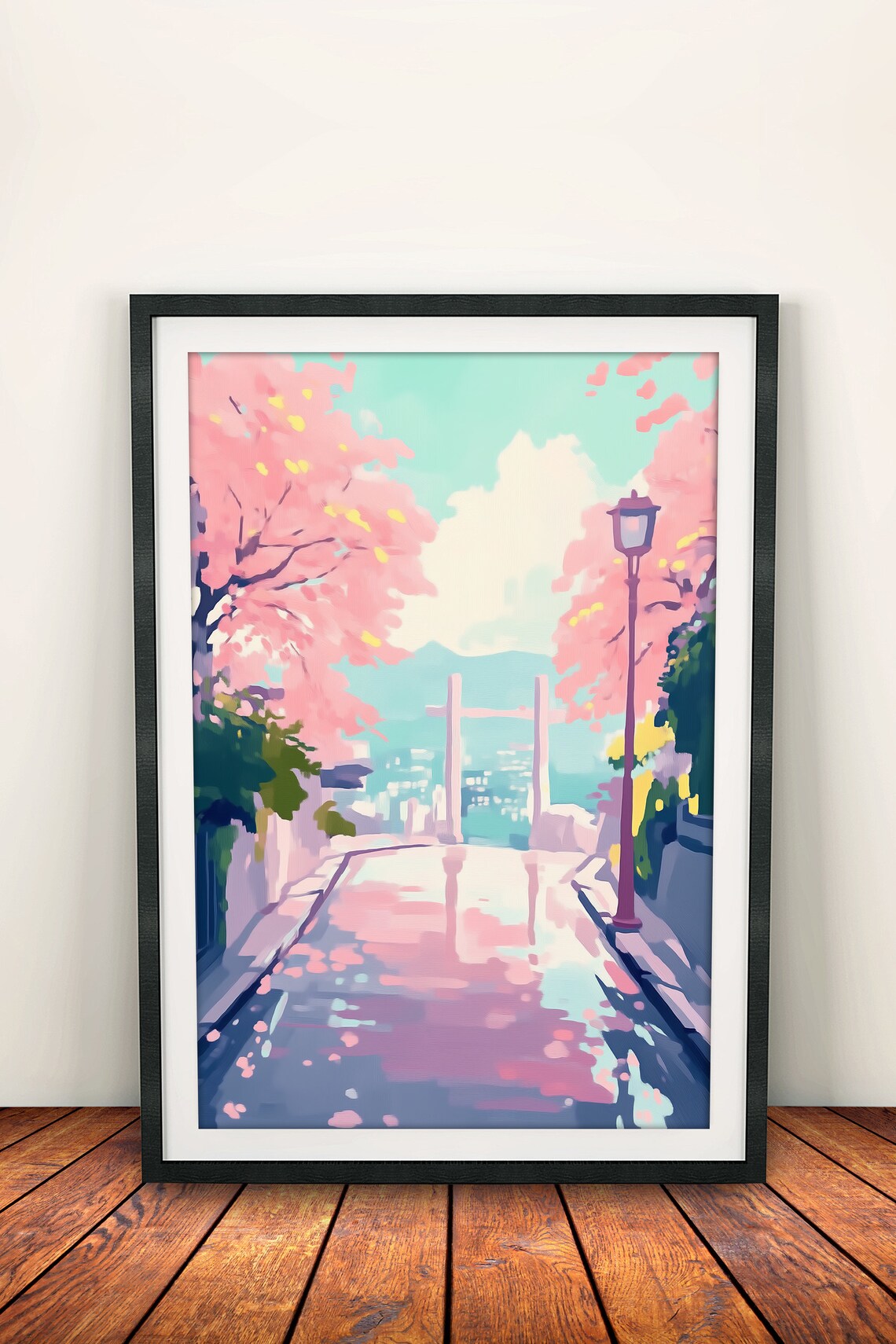 Cherry Blossom Street Leading to Water Vintage Lamp Art Poster - Image 4