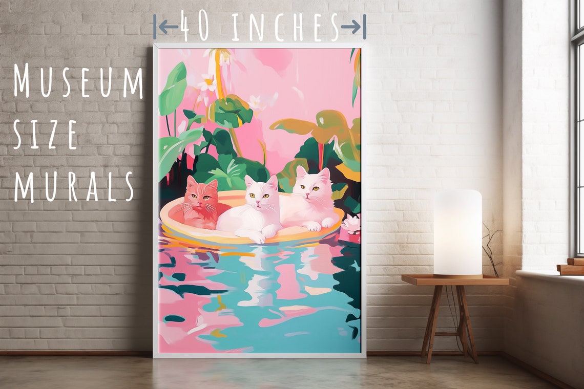 Three Cats in Yellow Boat Floating Tropical Playful Art Poster - Image 5