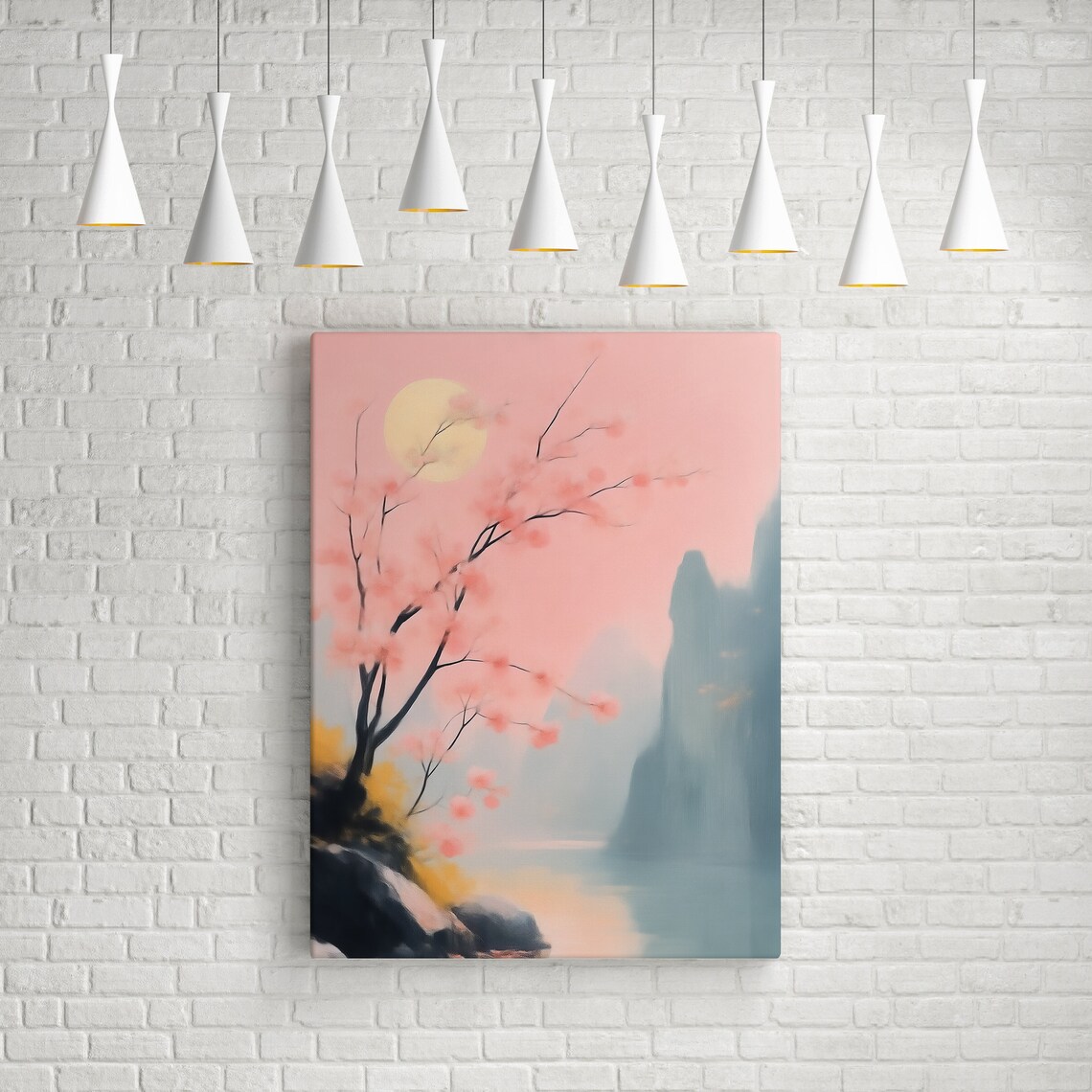 Cherry Blossom Lake with Pink Moon Misty Mountain Landscape Art Poster - Image 4