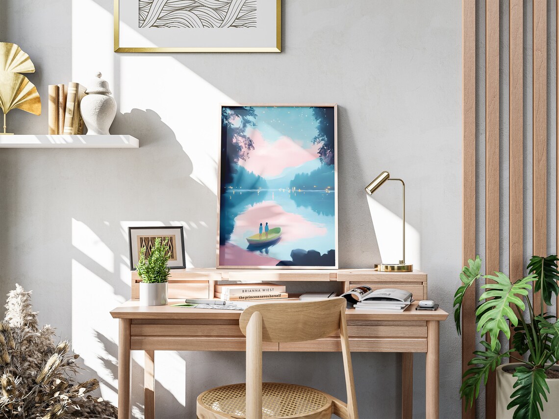 Two People in a Boat on a Twilight Lake Pastel Mountain View Art Poster - Image 2