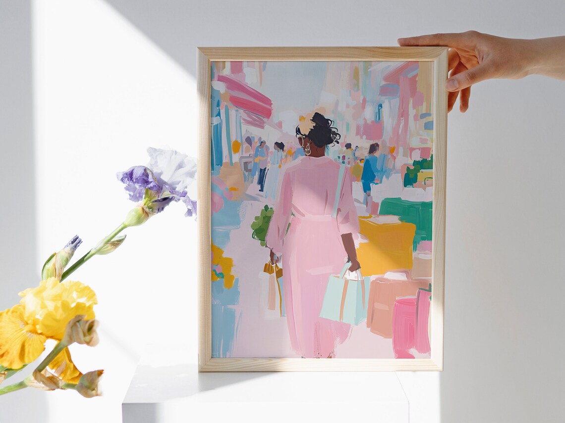 Woman Shopping with Bags Pastel City Street Scene Art Poster - Image 4