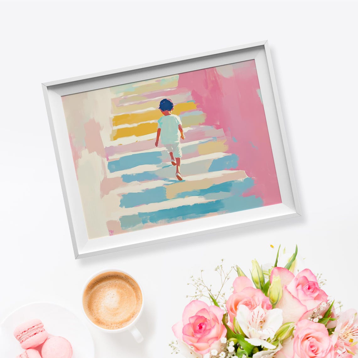 Adorable Child Ascending Stairs Painting Cute Child Painting Dreamy Watercolor Heartwarming Decor Joyful Art Print Child On Stairs Art - Image 5