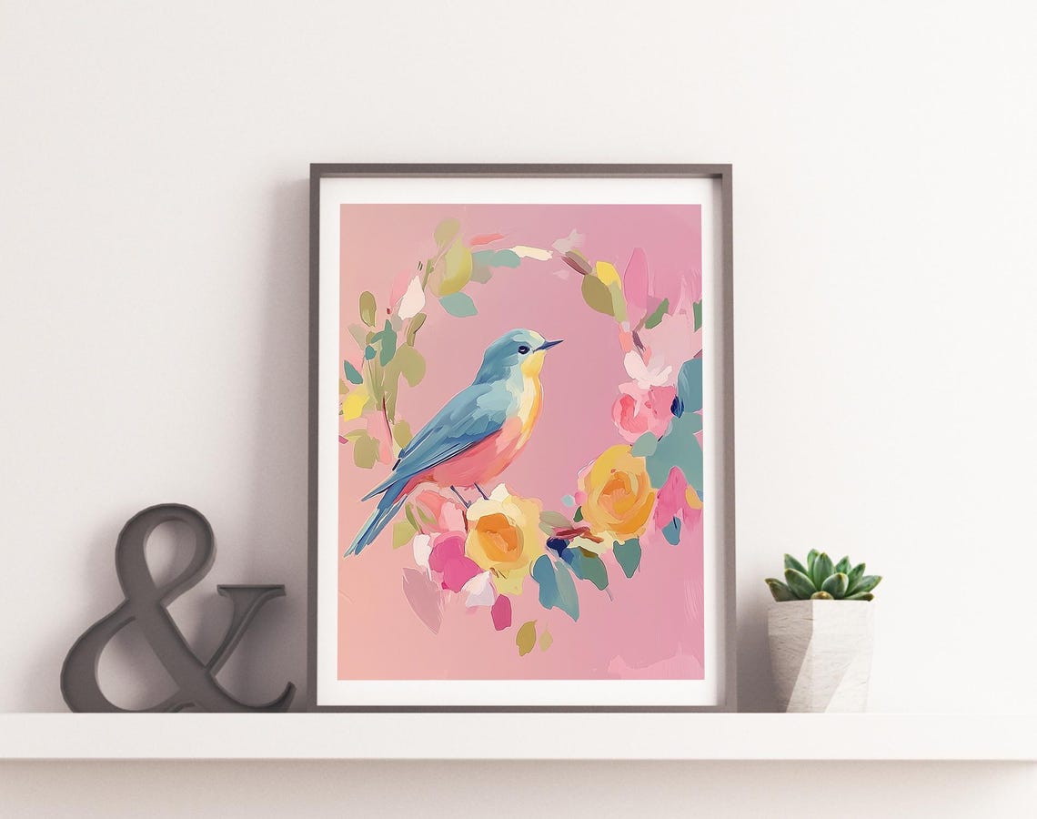 Blue Bird On Floral Wreath Yellow Roses Pastel Spring Art Print - Image 2