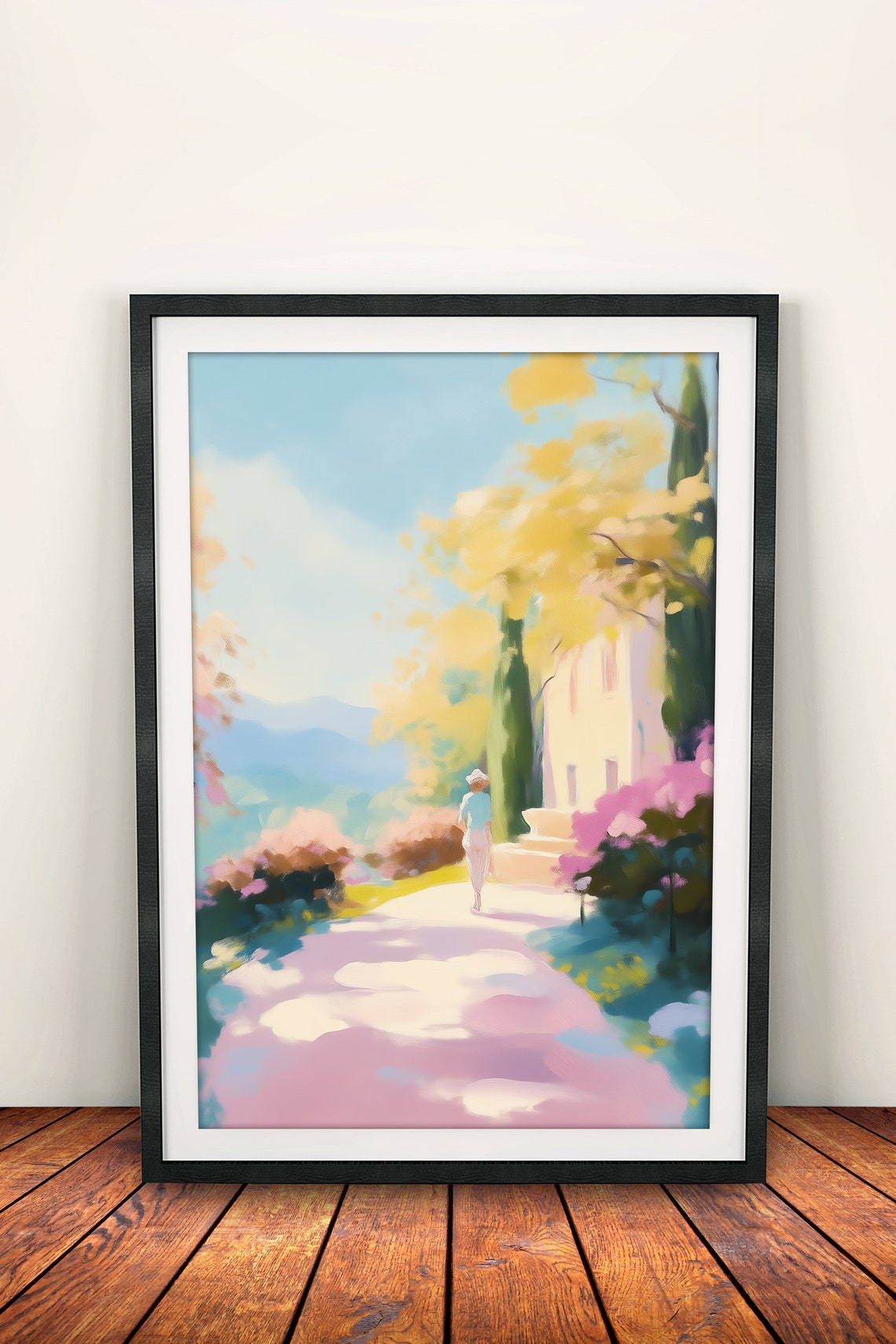Mediterranean Villa Garden Walk Cypress Trees Pastel Art Print - Image 2
