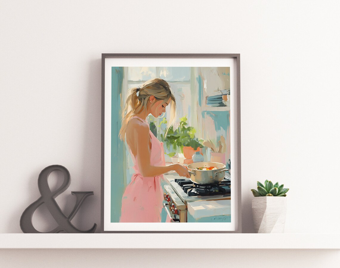 Woman Cooking in Sunny Pastel Kitchen Retro Cooking Art Poster - Image 2
