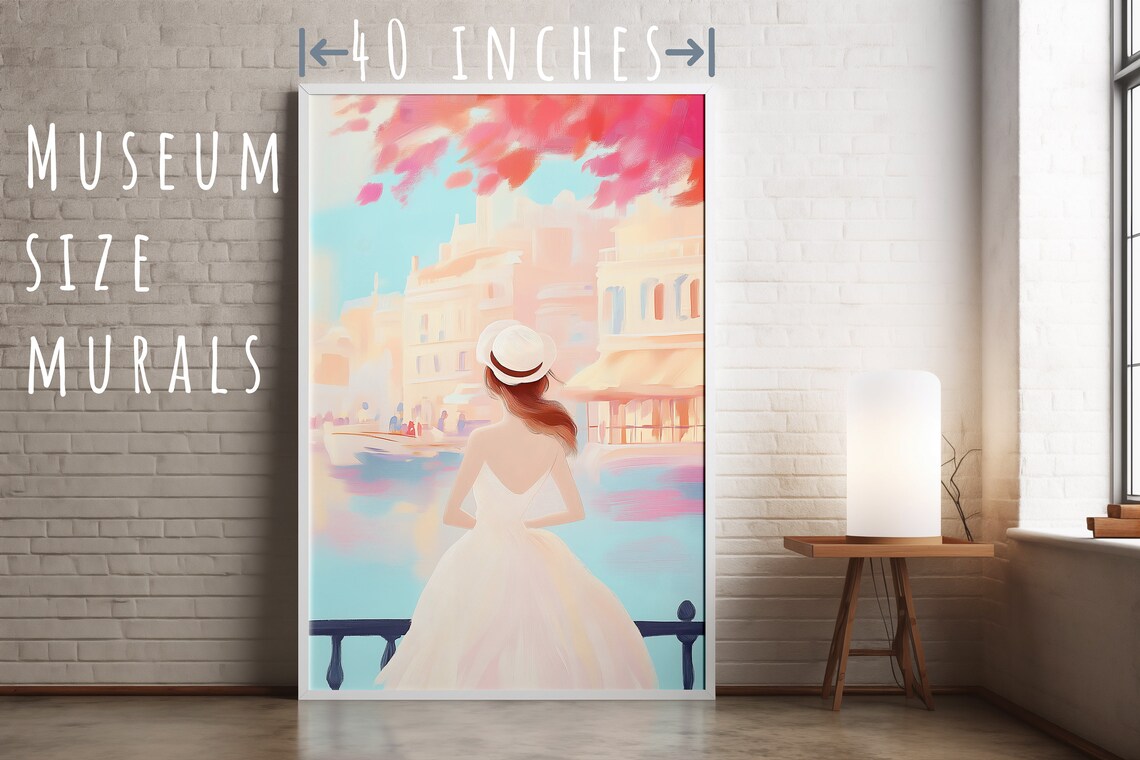 Woman in White Dress Overlooking a Canal City Summer Travel Art Poster - Image 5