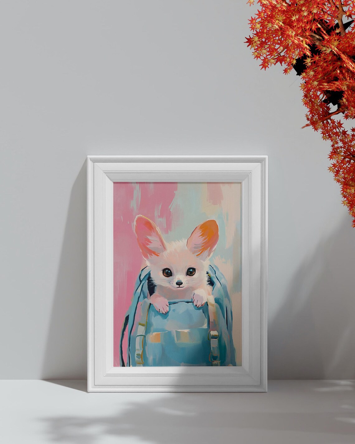 Cute Fennec Fox Kit Peeking From Blue Backpack Pastel Nursery Painting Poster - Image 4