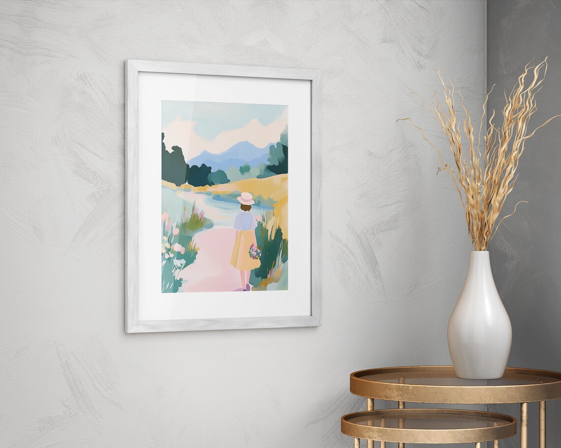 Girl in Sun Hat Walking Meadow Path by Blue Mountain Lake Pastel Poster - Image 2