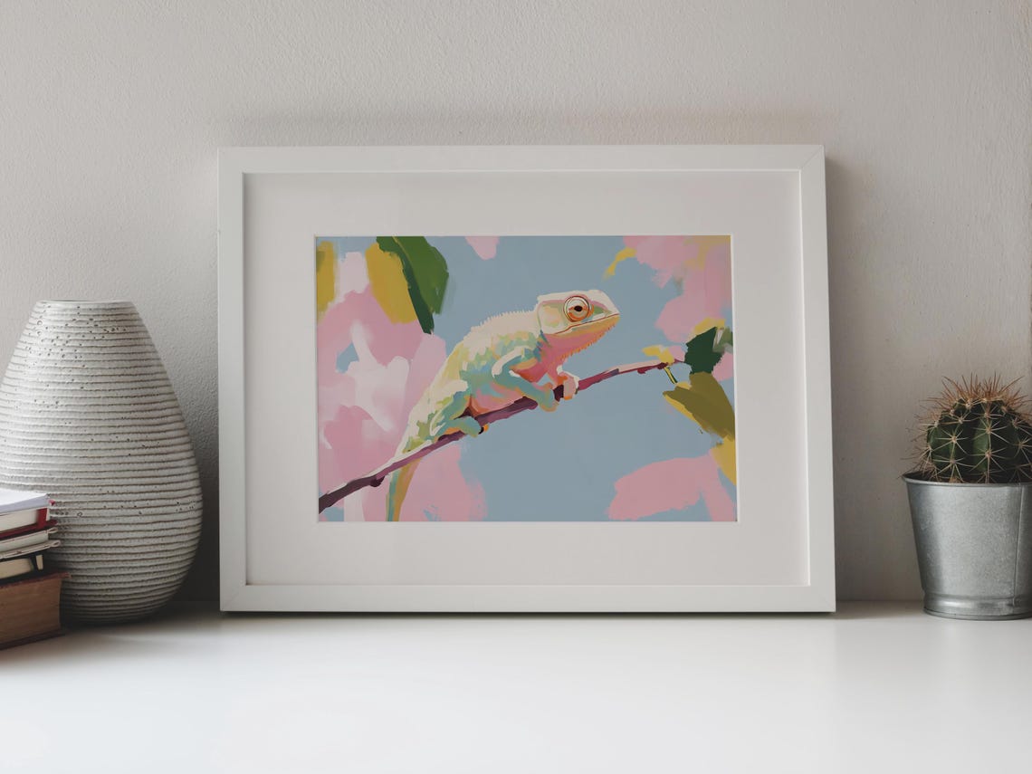 Pastel Chameleon On Branch Colorful Reptile Nature Art Wall Print - Image 4