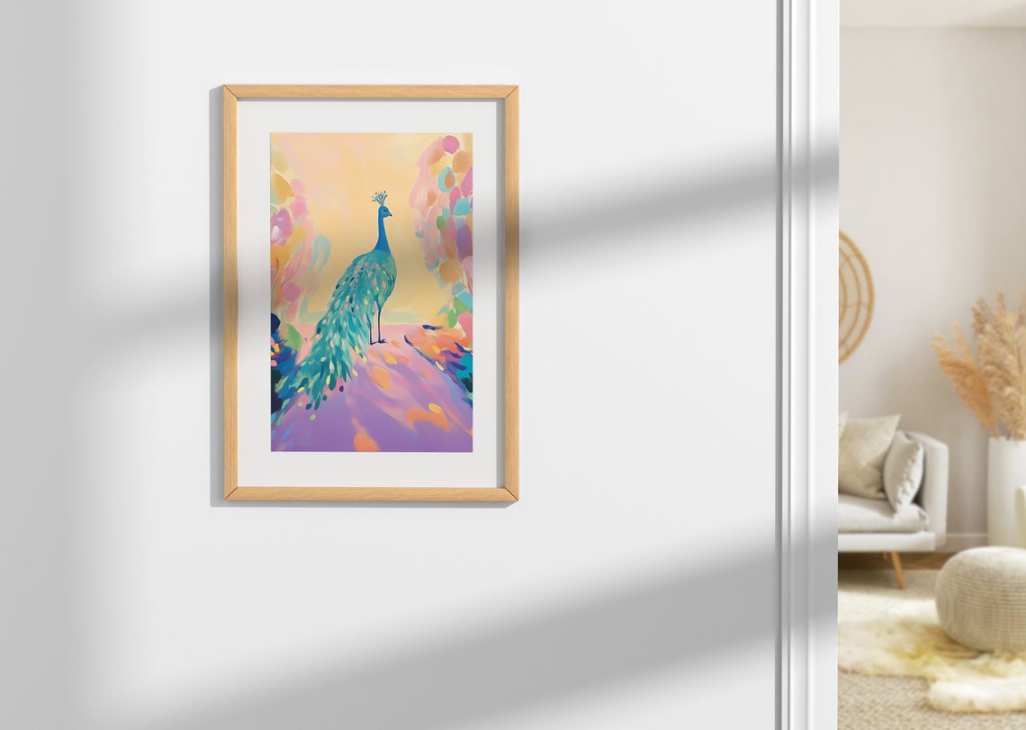 Teal Peacock in Colorful Garden Nursery Whimsical Art Poster - Image 2