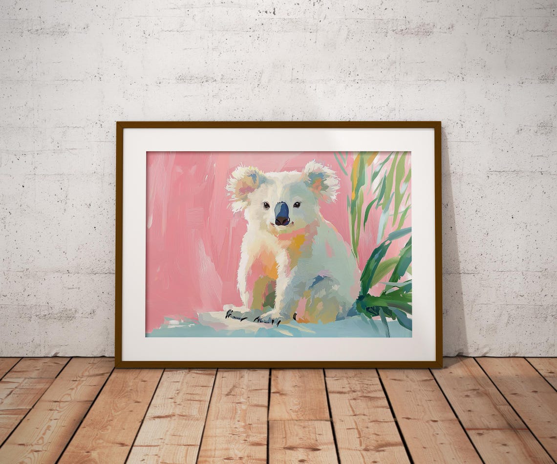 Cute White Koala Portrait Pink Background Eucalyptus Art Poster - Image 2