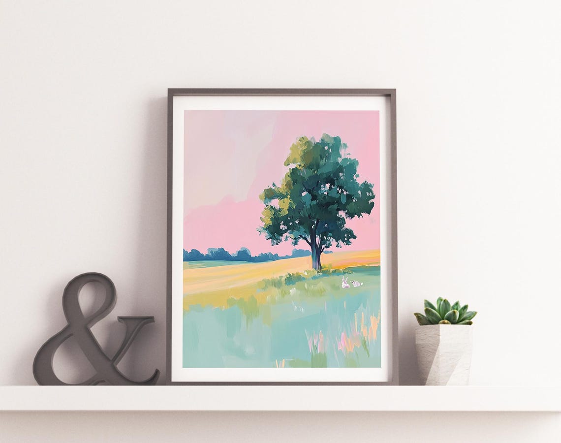 Lone Tree In Pastel Field Pink Sunset Sky Golden Meadow Art Poster - Image 4