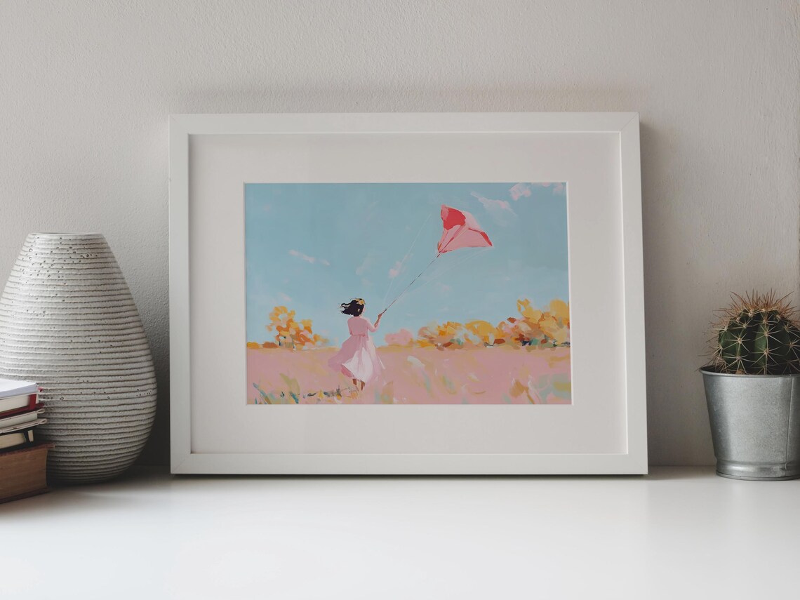 Girl Flying Red Kite In Autumn Field Pastel Painting Whimsical Art Poster - Image 4