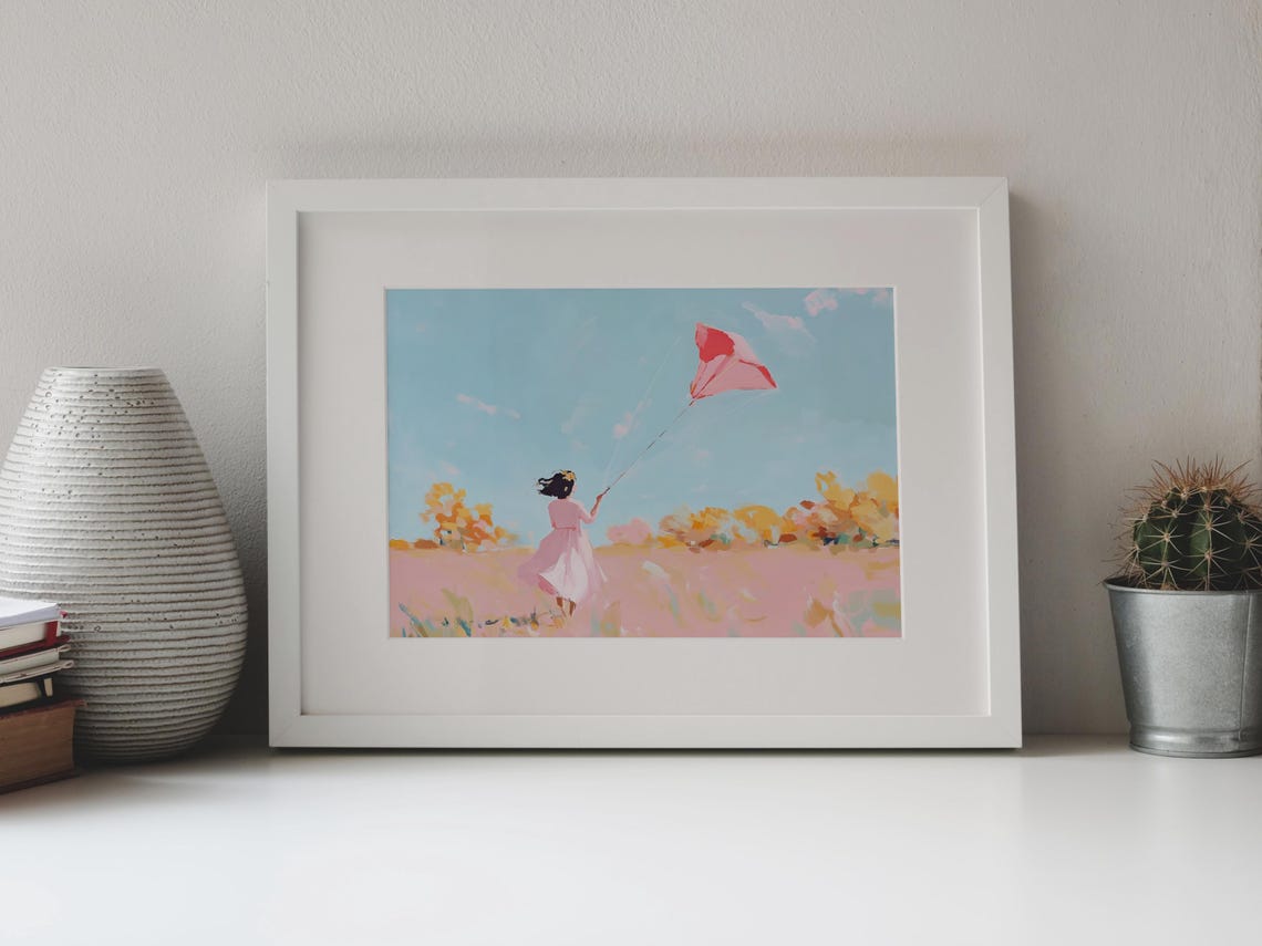 Soft Pastel Girl With Red Kite Red Kite Painting Girl Chasing Kite Child With Kite Autumn Field Art Soft Pastel Painting Colorful Sky - Image 4