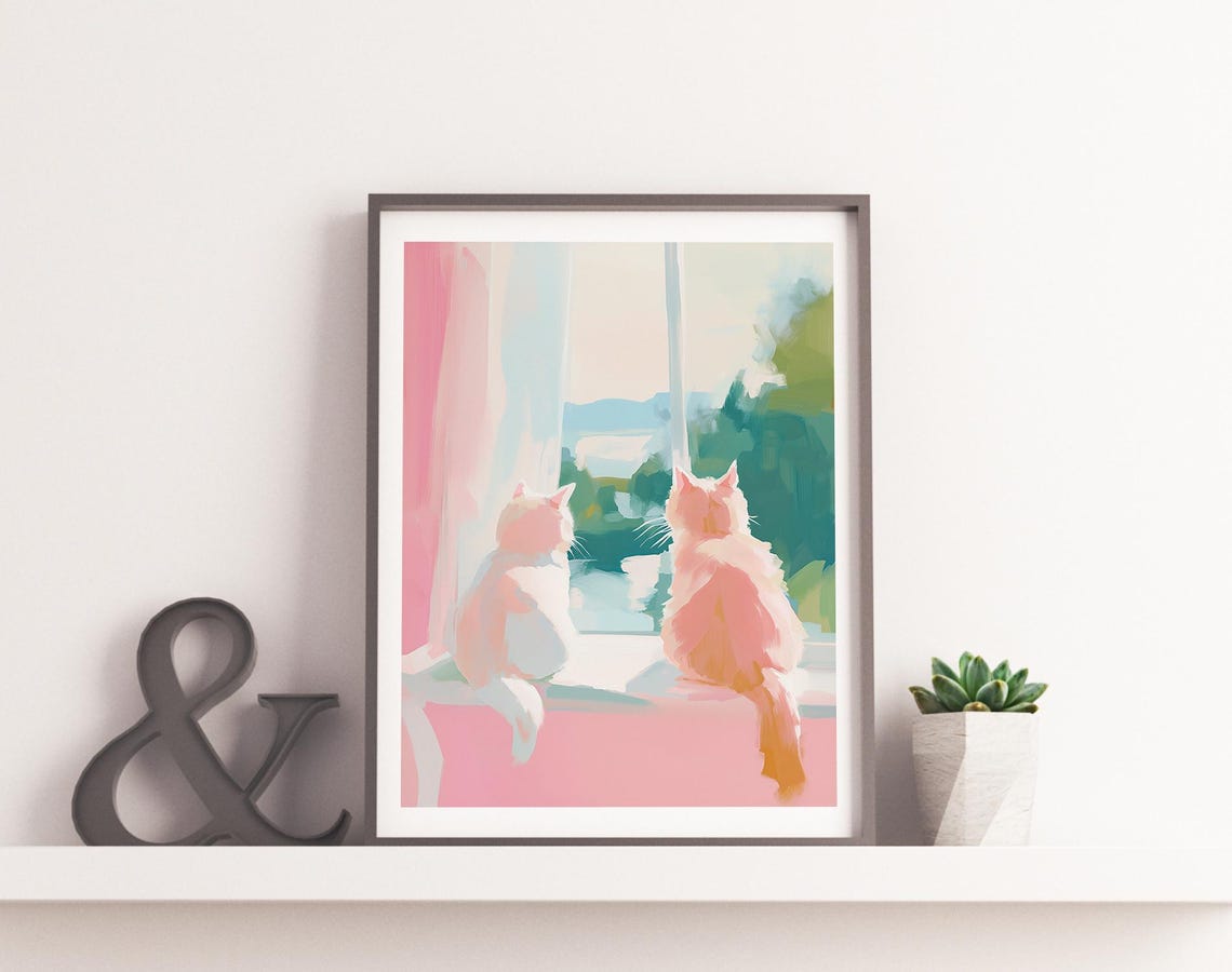 Two Cats on Windowsill Watching Outside Pastel Wall Art Print - Image 2