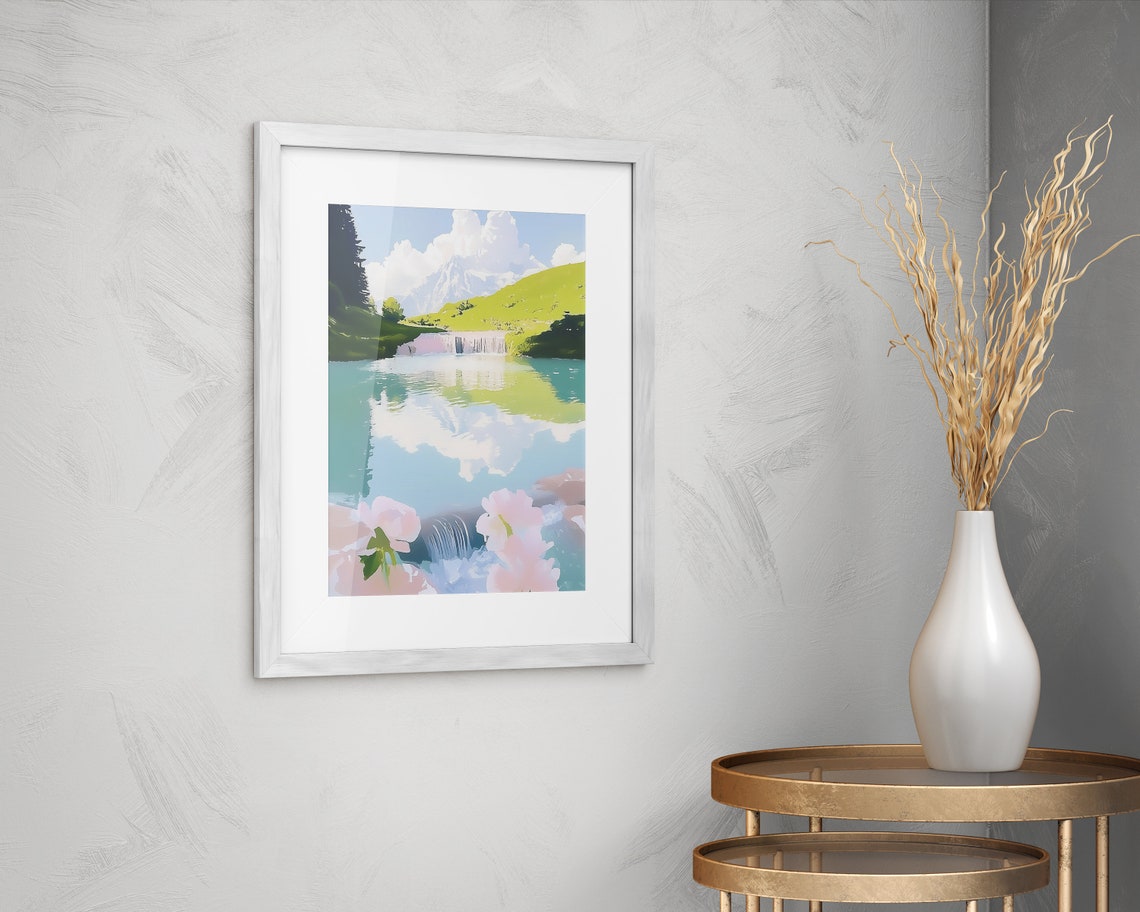 Mountain Lake Waterfall Reflection Alpine Meadow Nature Poster - Image 2