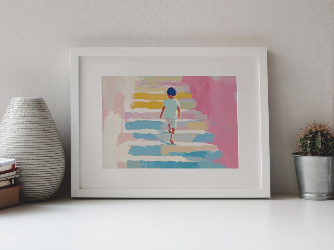 Adorable Child Ascending Stairs Painting Cute Child Painting Dreamy Watercolor Heartwarming Decor Joyful Art Print Child On Stairs Art - Image 4
