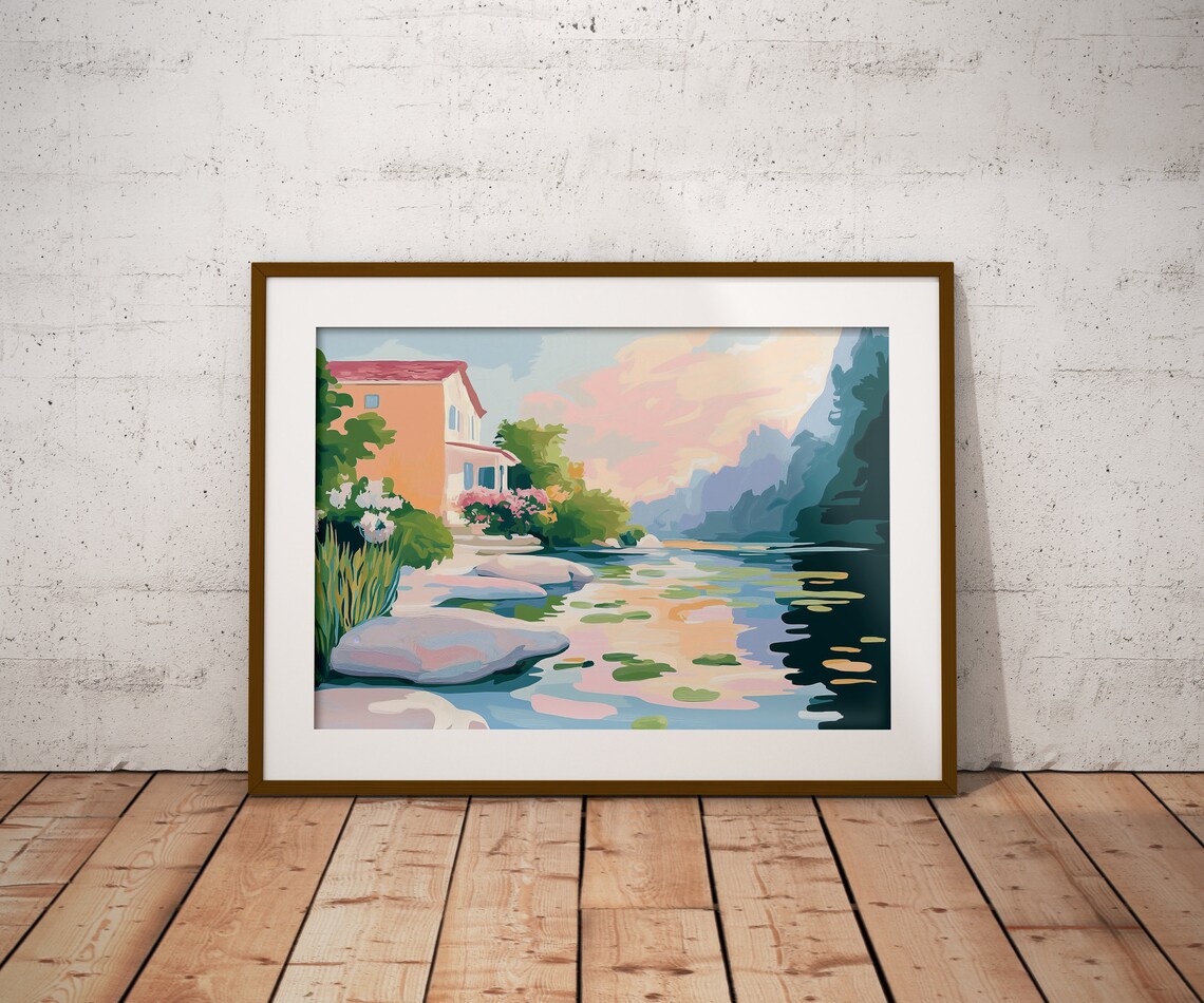 Lakeside House With Lily Pads Stepping Stones Peaceful Art Poster - Image 2